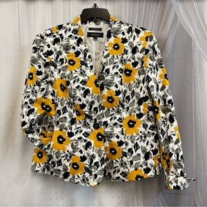 Jones Wear Floral Blazer Yellow Black White Button Spring Summer Bright Jacket